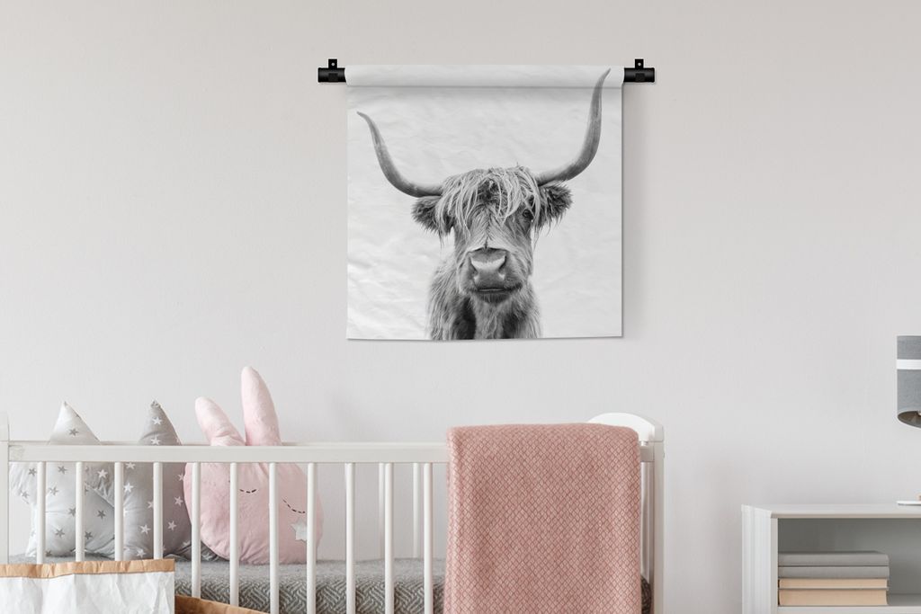 MuchoWow Wandteppich Wandbehang Scottish Hochlandrind - Tier - Schwarz - Weiß 60x60 cm Tapisserie Dekoration Wandtuch - Dekorationen - Wand Decke