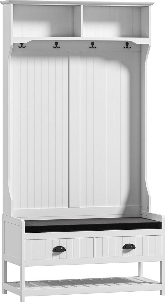 2-in-1 Garderobenständer, Kleiderständer mit 4 Haken, Garderobe mit Schuhbank und Ablagen, Jackenständer mit Kippschutz, für Eingangsbereich, F...