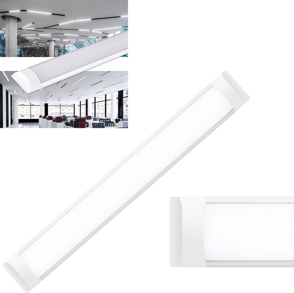 A white LED panel light is shown against a white background, with inset images showing the light installed in an office ceiling.
