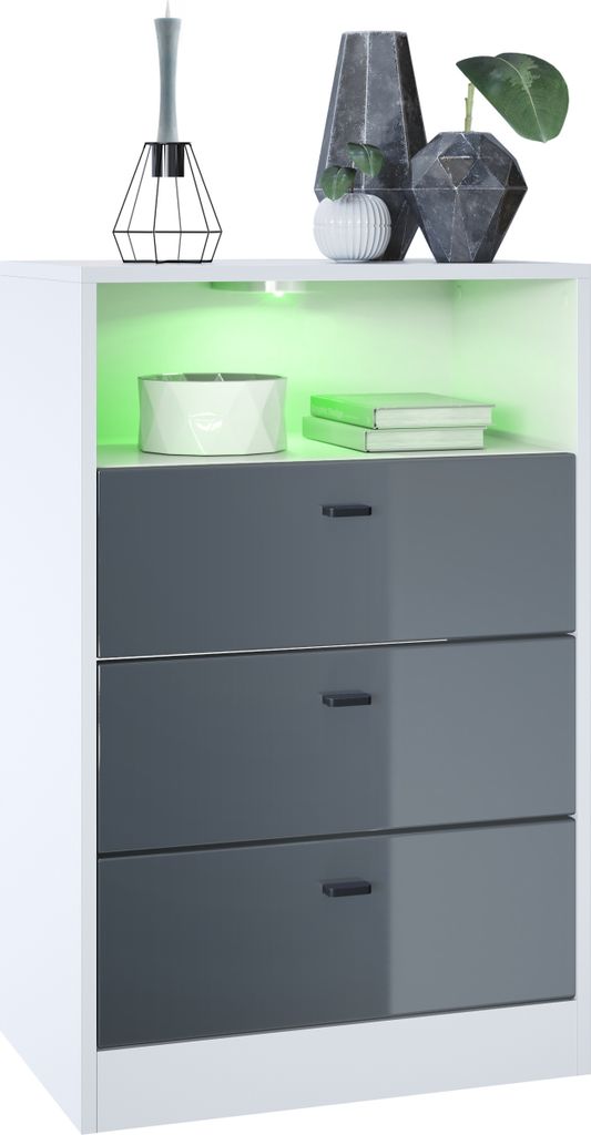 Vladon Kommode Pino V2, Germany, Anrichte mit 3 Schubladen & 1 offenem Fach, Weiß matt/Grau Hochglanz (56 x 86,5 x 36 cm), mit RGB LED-Beleuchtung