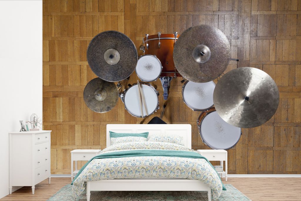 MuchoWow Fototapete für Wohnzimmer oder Schlafzimmer Wandtapete Vinyl Motivtapete Bild eines Schlagzeugs - 390x260 cm - Papiertapete