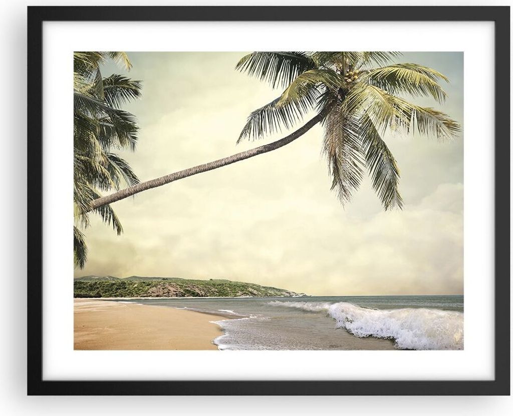 Gerahmtes Poster - Schwarzer Rahmen - Palme Strand Insel - 50x40 cm - Wand Bild - Wanddeko - Wandbilder - Kunstposter - Wandposter - Bilderrahmen -...
