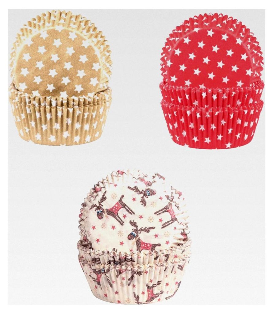 Muffinförmchen Set Sternennacht - Cupcakeförmchen mit Elch- und Sternmotiven in Gold und Rot sowie 4 Tassendeckchen in Silber - Maße: 5 x 5 x 2,...
