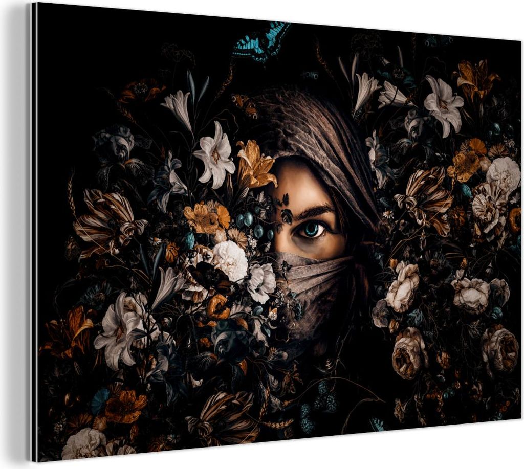 MuchoWow Wanddekoration Metall Metallbild Wandkunst 60x40 cm Frau - Luxus - Blumen - Schmetterling - Porträt MuchoWow Aluminium Gemälde - Gemälder