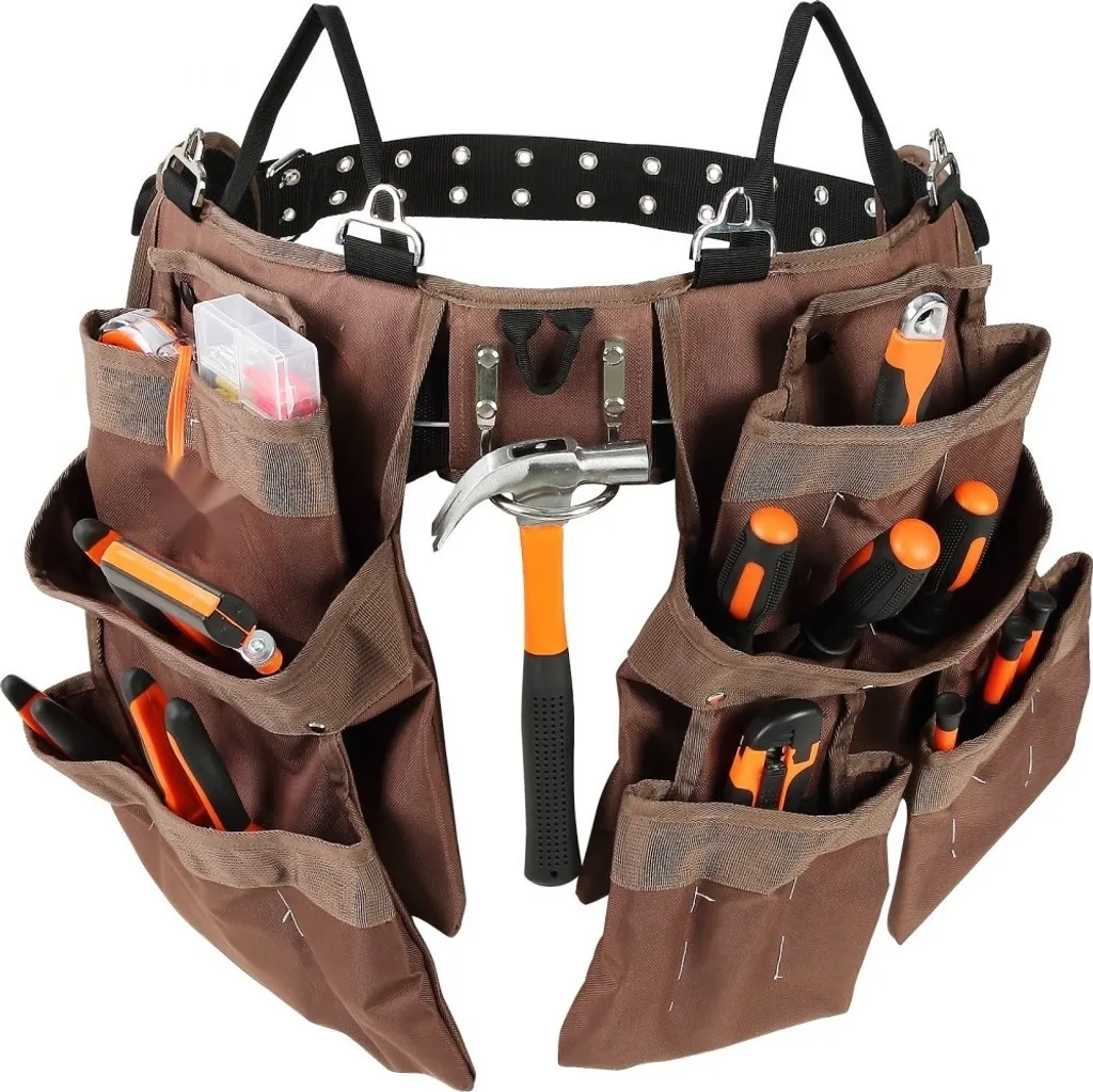 Sacoche porte-outils marron en polyester avec 19 poches et ceinture