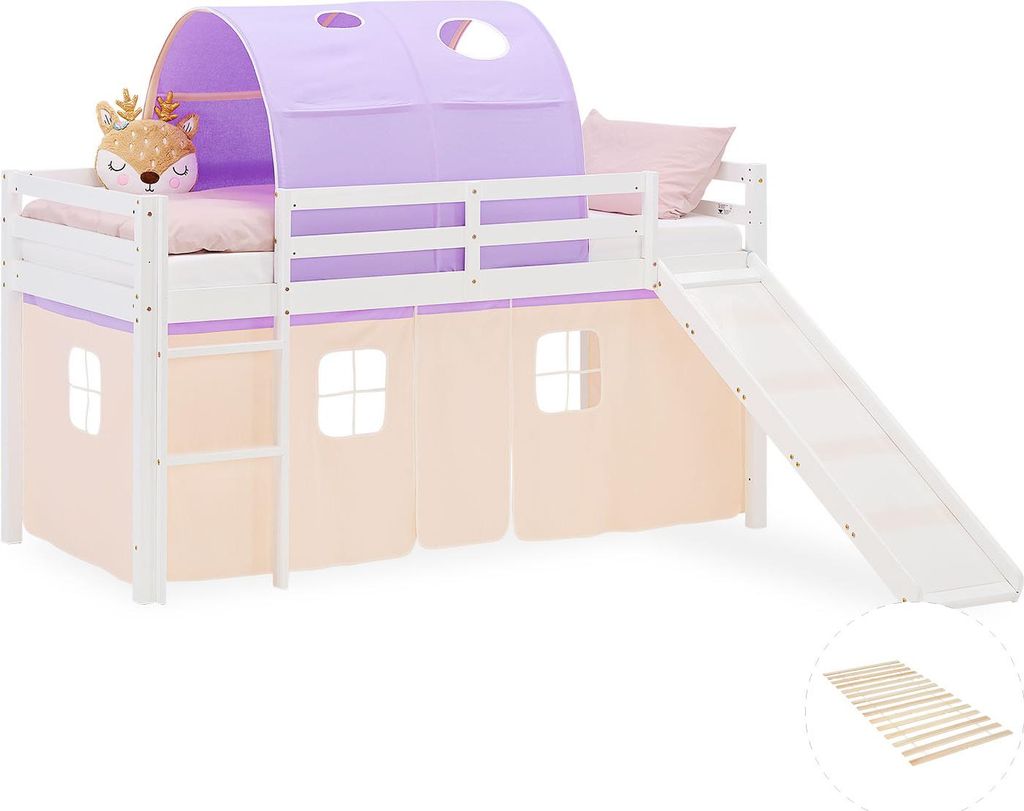 Homestyle4u Kinder Hochbett 90x200 Rutsche Vorhang Tunnel peach lila Kinderbett