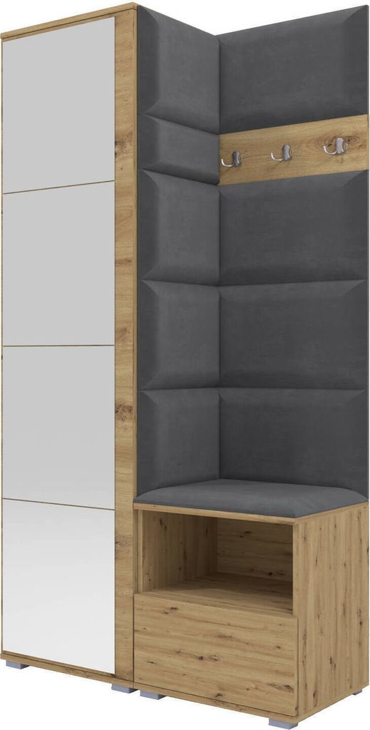 Garderoben-Set Nela I mit Spiegel, Polstergarderobe mit Schuhschrank, Dielenmöbel-Set mit Hochschrank (Farbe: Artisan Eiche + Trinity 15 (Dunkelgr...