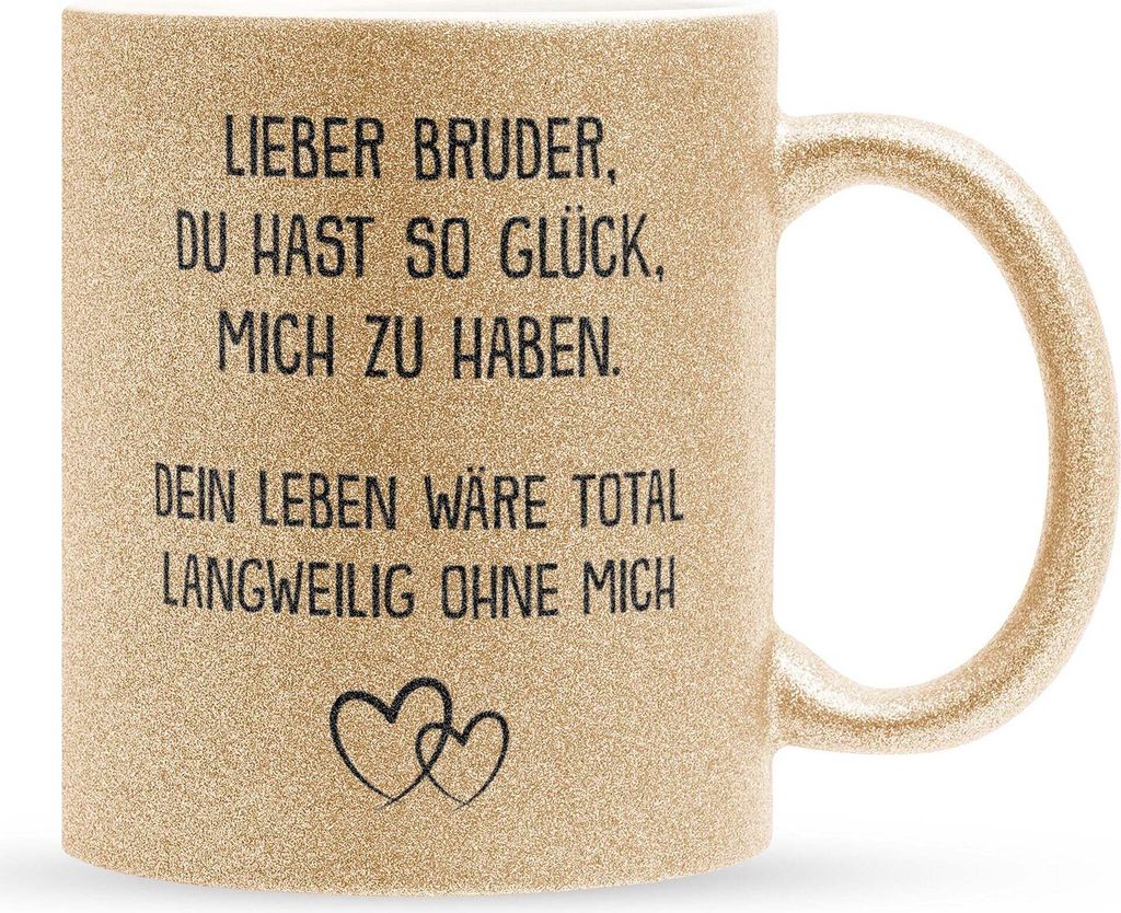 22Feels Glitzertasse Gold Bruder Geschenk Geburtstag Weihnachten Geschwister Jungs Männer Haferl Teenager Bruderherz Geschenkidee Bürotasse