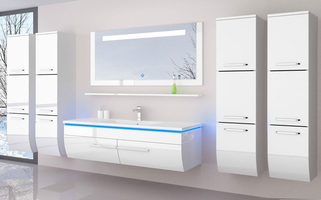 Badmöbel set Weiss 240 cm Hochglanz Badmöbel Set 240 cm Bad möbel Komplett Set Incl Led System Fertig Montiert Lackiert 6 Teilig Badezimmer Hoch...