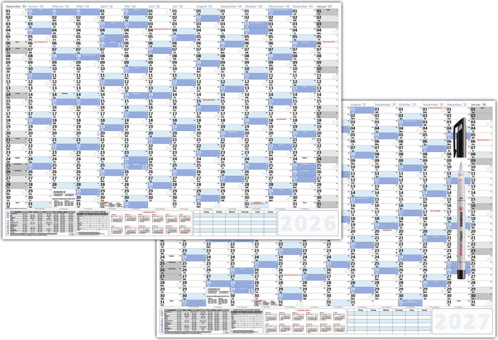 XXL Wandkalender DIN B1 2026 + 2027 blau, nass abwischbar + Folienstift Format 100 x 70cm Jahresplaner Wandplaner gerollt Neutraler Kalender Feiert...