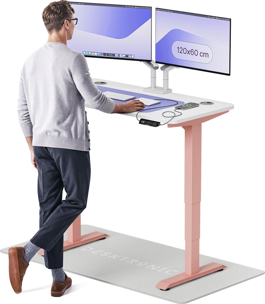Desktronic HomePro Elektrisch höhenverstellbarer Schreibtisch 120x60cm Rosa/Weiß mit Memory-Funktion, Anti-Kollisions Technologie, USB-A und USB-...