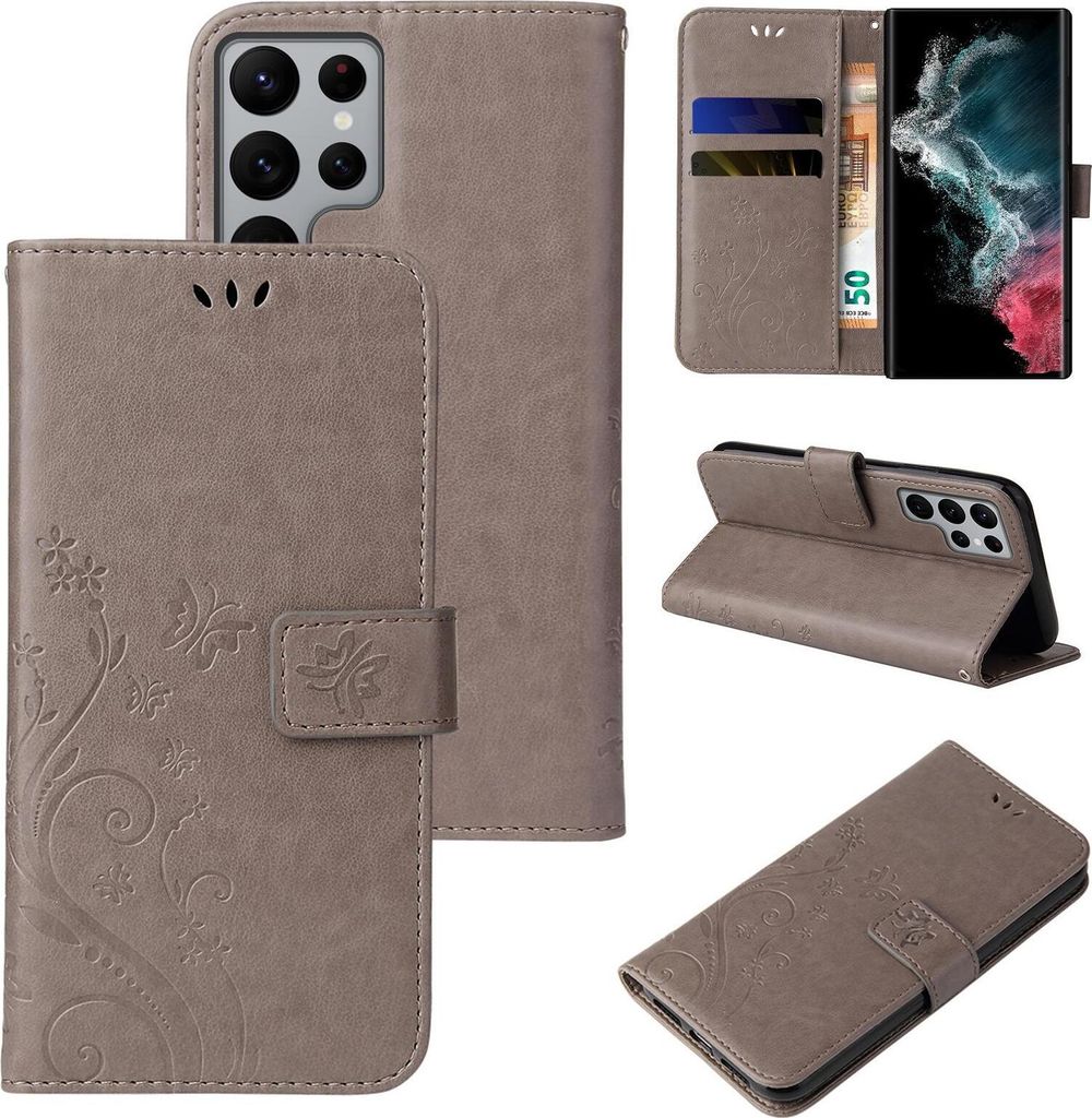 Handyhülle für Samsung Galaxy S23 Ultra Floral Blumen Schmetterling Flip Cover Hülle Case Klapphülle Handytasche Farbe: Grau