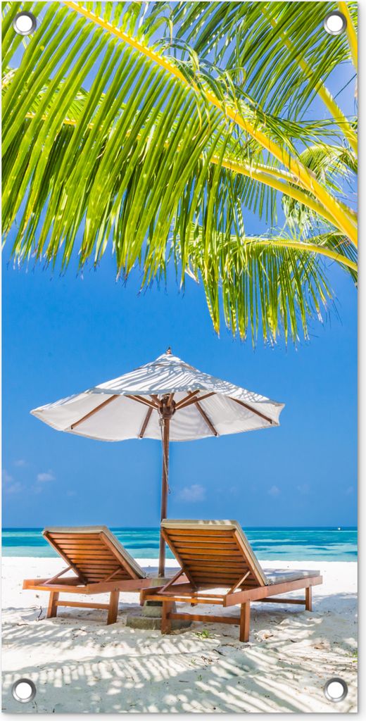 MuchoWow 30x60 cm Outdoor-Poster Gartendeko Sichtschutz Garten Poster für den Garten Palme - Strandkorb - Sonnenschirm