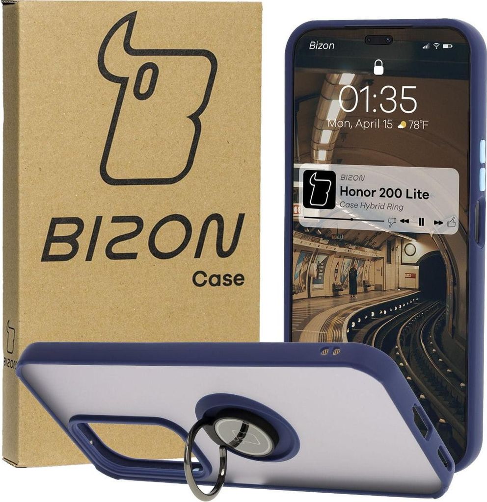 Bizon Case Hybrid Ring Fingerringhülle für Honor 200 Lite, Rauch mit marineblauem Rahmen