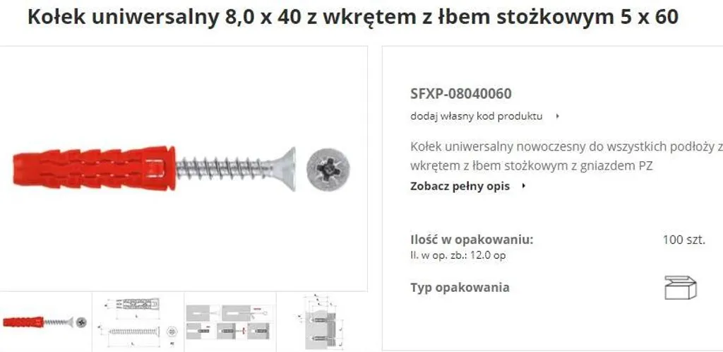 Cheville SFXP 8x40 et vis 4x60mm SFXP-08040060 pour fixation nylon