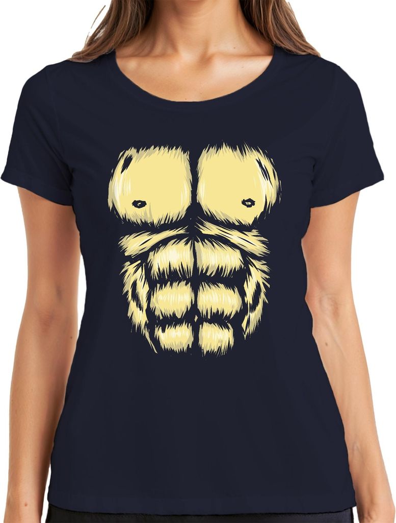 Gorilla Fell Sixpack Brust Muskel Halloween Karneval Kostüm Damen T-Shirt, Navy, XL