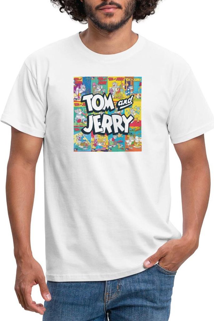 Spreadshirt Tom Und Jerry Logo Mit Vintage-Cover Collage Männer T-Shirt, XXL, Weiß