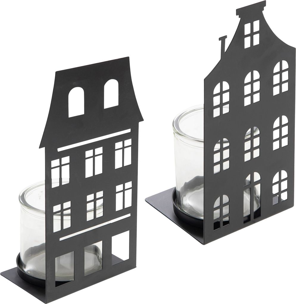 Windlicht Haus mit Glas Einsatz - 2er Set / jeweils ca. 28 x 12 cm - Farbe: schwarz