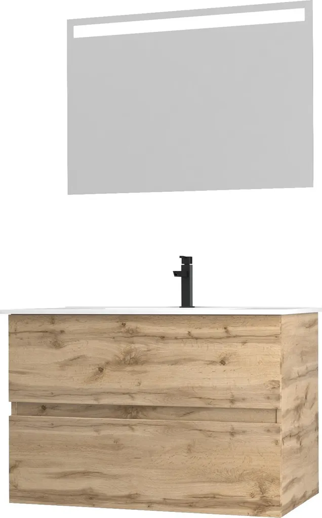 Meuble SDB 80cm suspendu Chêne TIMBER 80 Pack36 avec vasque et miroir LED