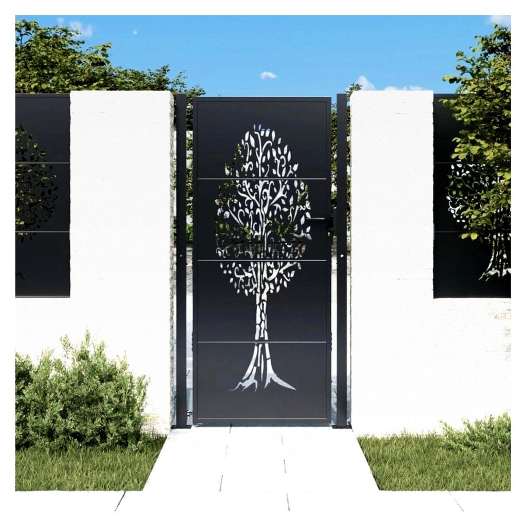 Gartentor Anthrazit mit Baum-Design, abschließbares Hoftor für Garten und Terrasse, 105x205 cm Stahl