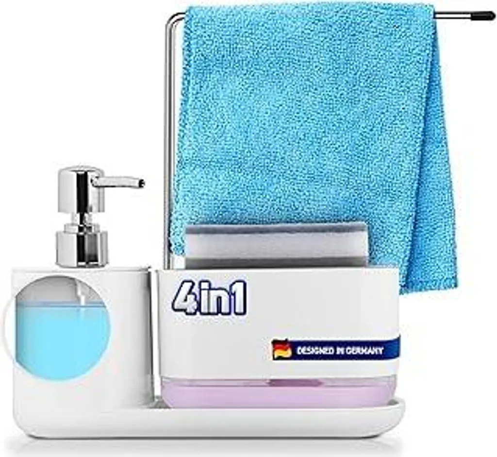 Dispenser Sapone 4 in 1 e Portaspugna Cucina Acciaio Inox 23x15x10
