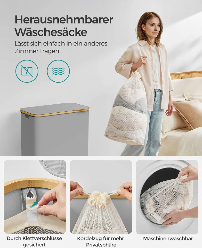 Panier à linge 2 compartiments avec couvercle gris tourterelle 110L - 5
