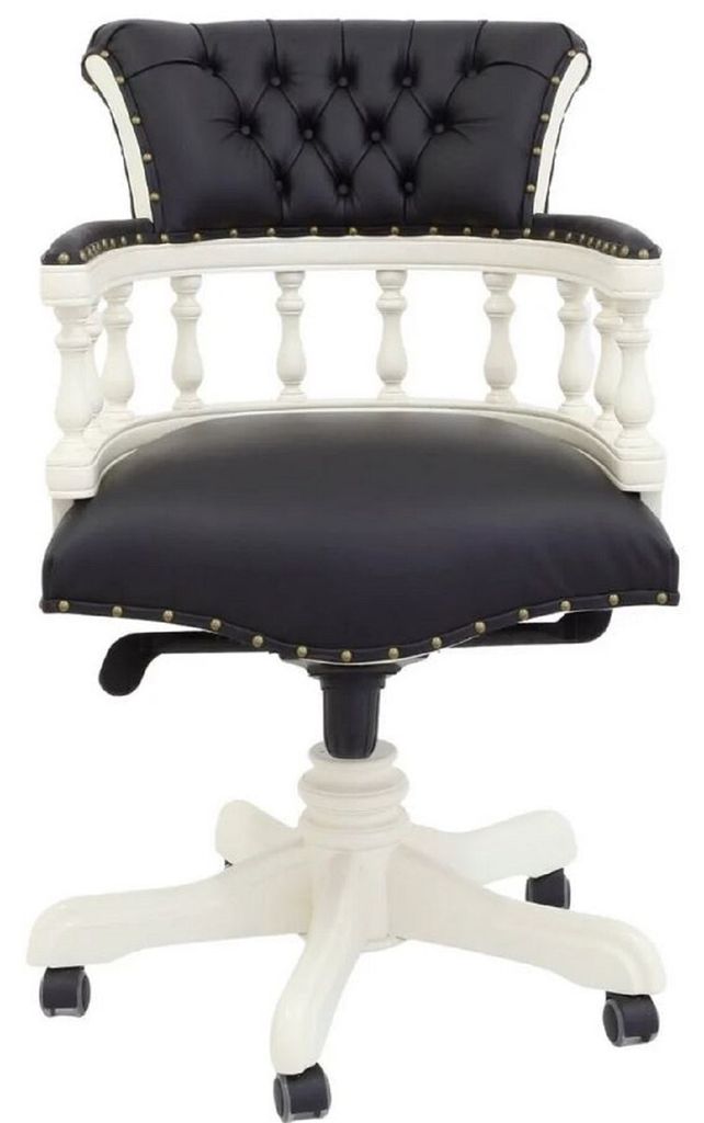 Casa Padrino Luxus Barock Chesterfield Echtleder Schreibtischstuhl Schwarz / Weiß H. 107 cm - Barock Büro Möbel