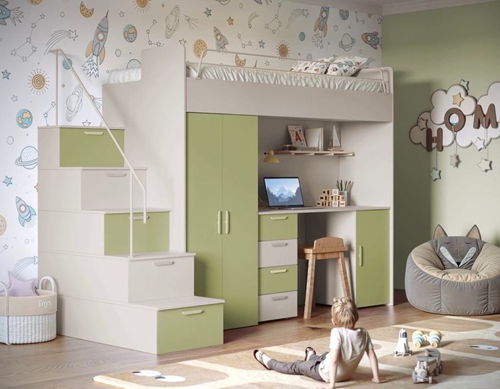 Etagenbett TOMI 4s, Kinderbett Hochbett, MIT Matraze und Lattenrost (Cashmere + Olive, Matt)