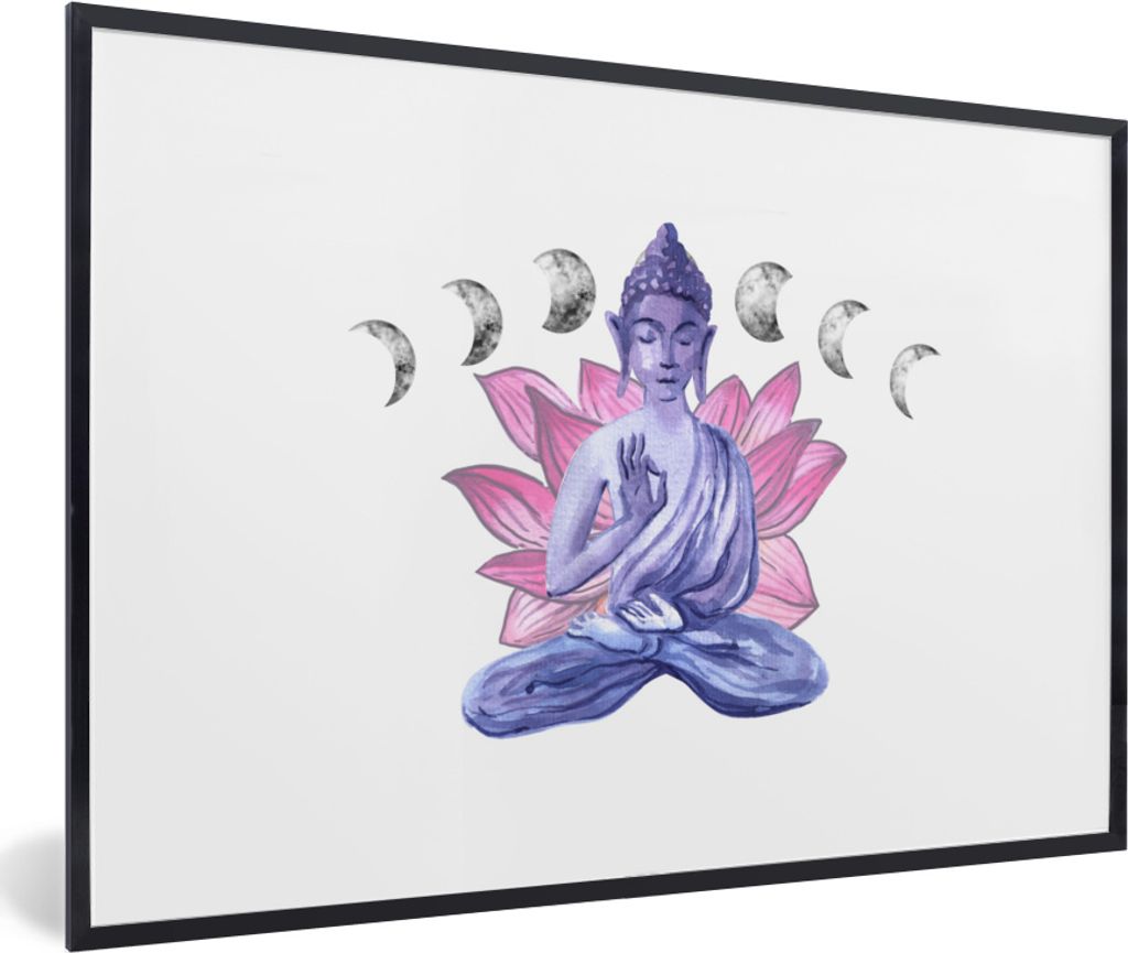 MuchoWow MuchoWow Gerahmtes Poster Buddha - Blumen - Mond 60x40 cm - Poster mit zchwarzem Bilderrahmen - Printing - Wanddeko Schlafzimmer