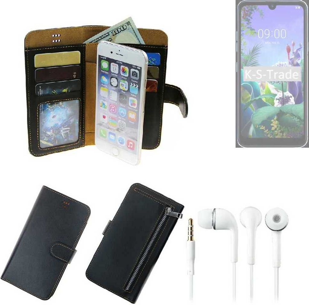 TOP SET Handy Hülle Schutz Hülle kompatibel mit LG Electronics Q60 schwarz aus Kunstleder + Kopfhörer Smartphone Tasche vollwertige Geldbörse