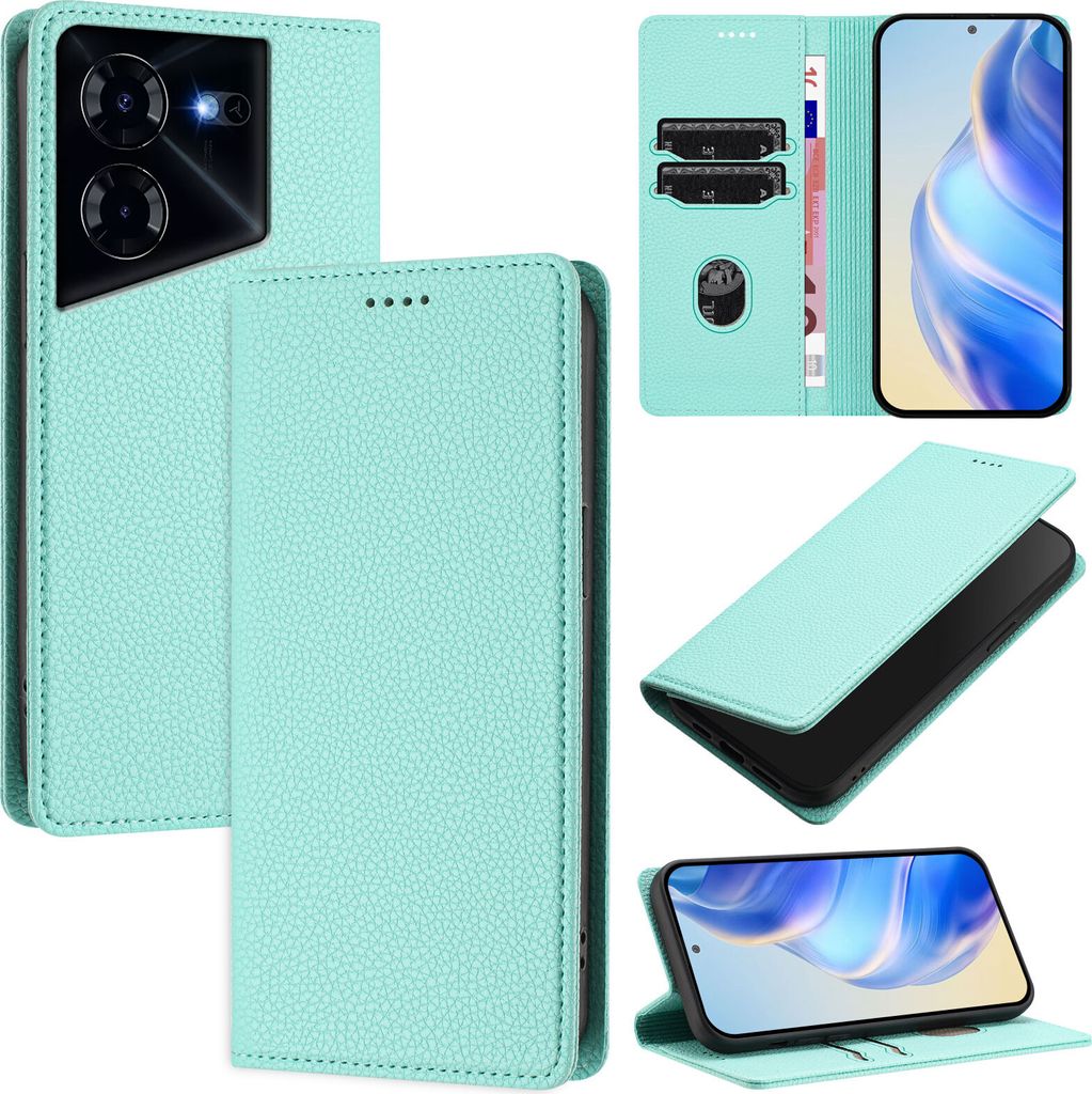 Litchi Leder Handyhülle für Tecno Pova 5 Pro 5G Wallet Kartenfächer Standfunktion Hülle Türkis