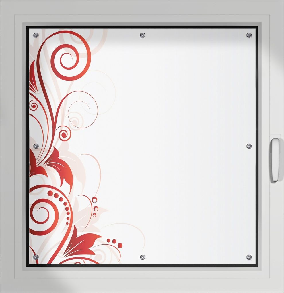 Wallario Lichtschutzbild, Dekorativer Sichtschutz Sonnenschutz 96 x 93 cm mit Motiv: Abstrakte rote Blumenschnörkel - Verdunklung ohne Bohren