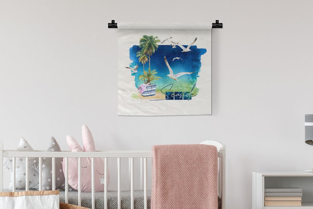 MuchoWow Wandteppich Wandbehang Strand - Vogel - Palme - Briefe 60x60 cm Tapisserie Dekoration Wandtuch - Dekorationen - Wand Decke