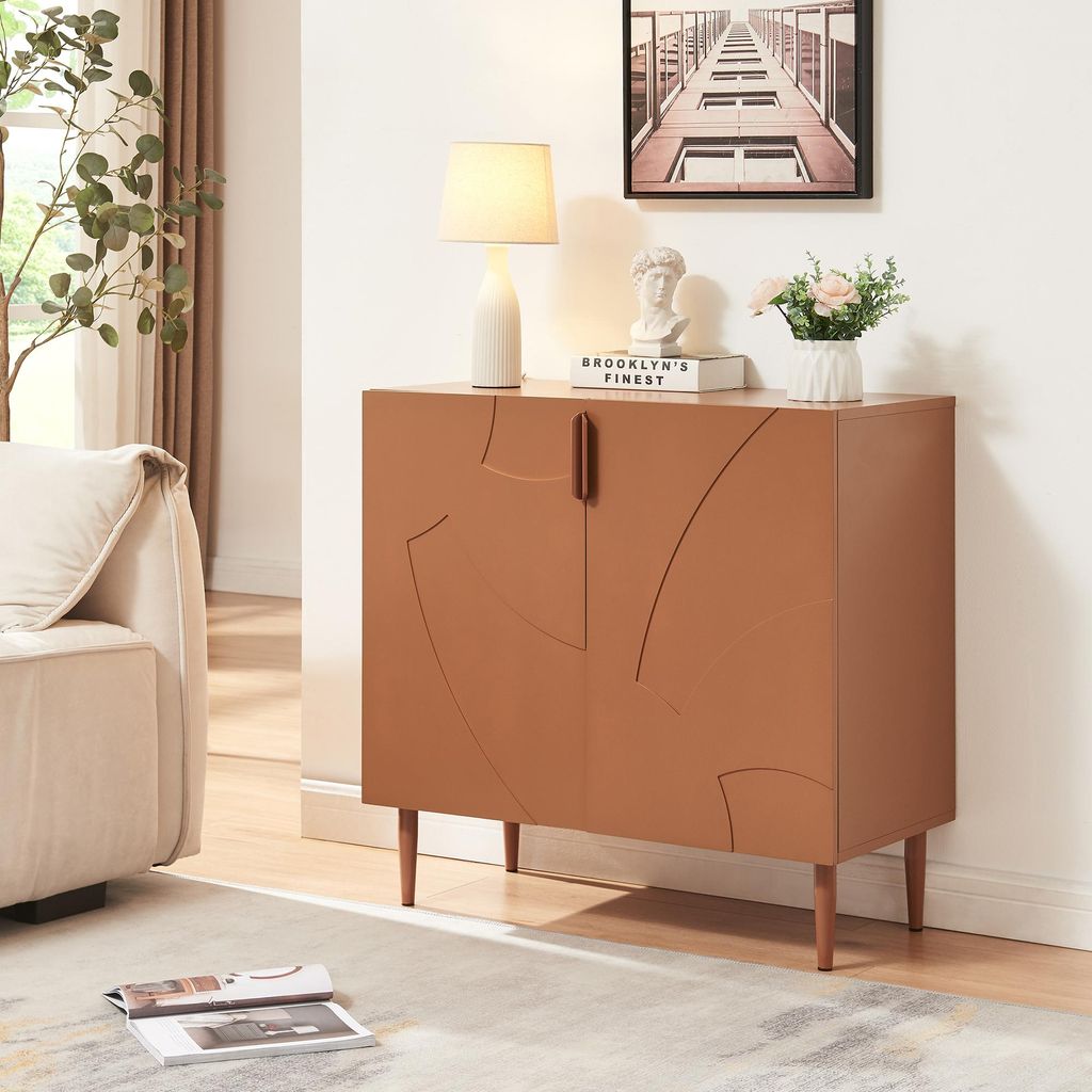 A sideboard is placed in a living room setting, next to a sofa and a rug.