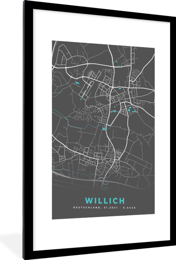 MuchoWow Gerahmtes Poster Stadtplan - Karte - Willich - Blau - Deutschland - Karte 60x90 cm - Poster mit Schwarzem Bilderrahmen Wandposter Rahmen...