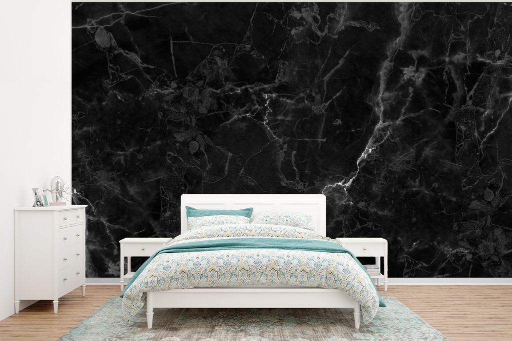 MuchoWow Fototapete für Wohnzimmer oder Schlafzimmer Wandtapete Vinyl Motivtapete Marmor - Schwarz - Weiß - Textur - Marmoroptik - 320x240 cm -...