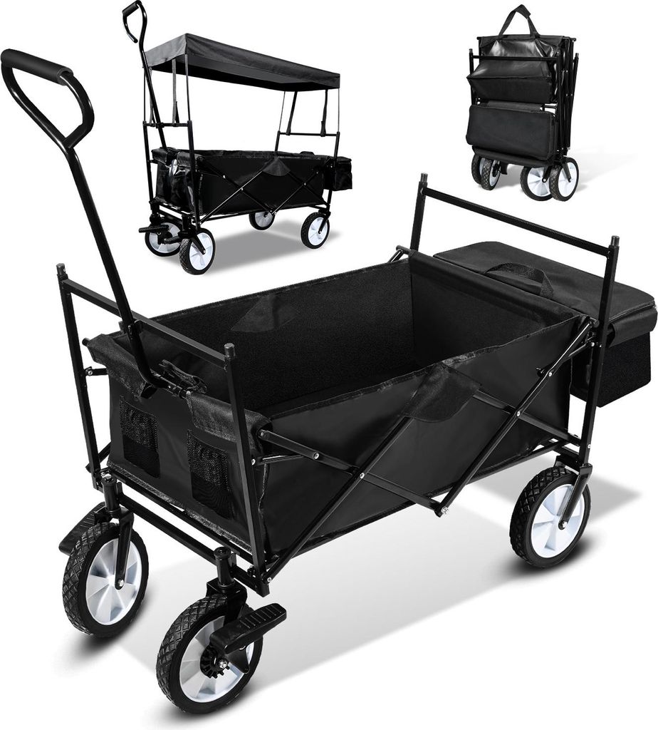 Ikodm Bollerwagen Faltbar mit Dach Handwagen Transportwagen, Strandwagen, klappbar, Vollgummi-Reifen, bis 80 kg, mit Bremsen + Tragetasche - Garten...