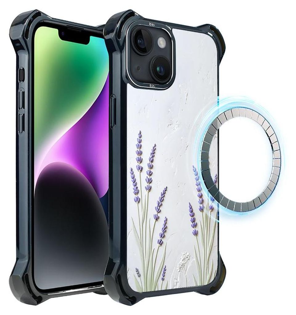 Schutzhülle für das iPhone 14 Plus, MagSafe-kompatibel, verstärkte Ecken, schwarz, Lavendelblüte