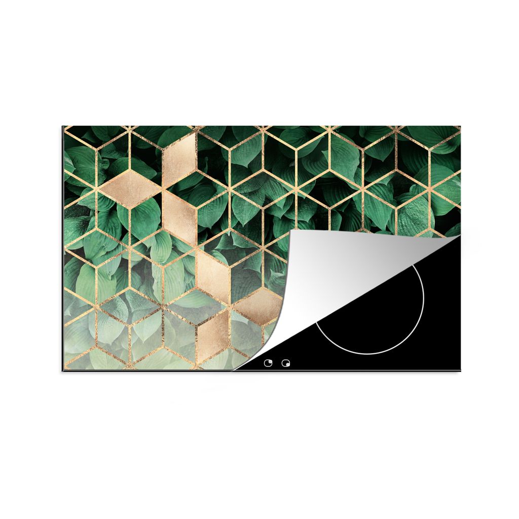 KitchenYeah Herdabdeckplatte Blätter - Gold - Würfel - Luxus , 89x51cm, Küche Deko, Glaskeramikkochfeld Herdabdeckung, Abdeckplatte fùr Kochfeld