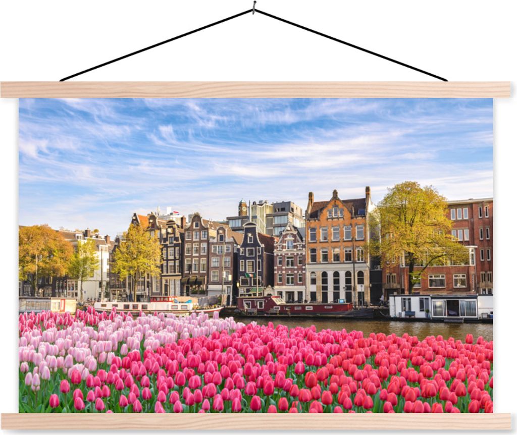 MuchoWow Textilposter Amsterdam - Blumen 120x80 cm mit holzfarbenen Rahmen - Aufhängeset