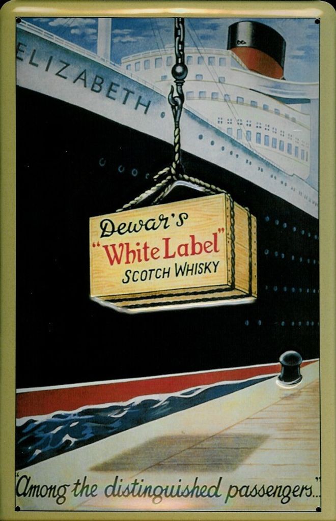 Blechschild Dewar's White Label Whisky Hafen Kiste Dampfer Schild