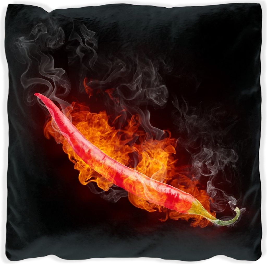 Wallario Premium Kissen, weiche Oberfläche, mit Motiv Heiße, brennende Chili-Schote vor schwarzem Hintergrund, Größe: 60 x 60 cm, mit weißer R...