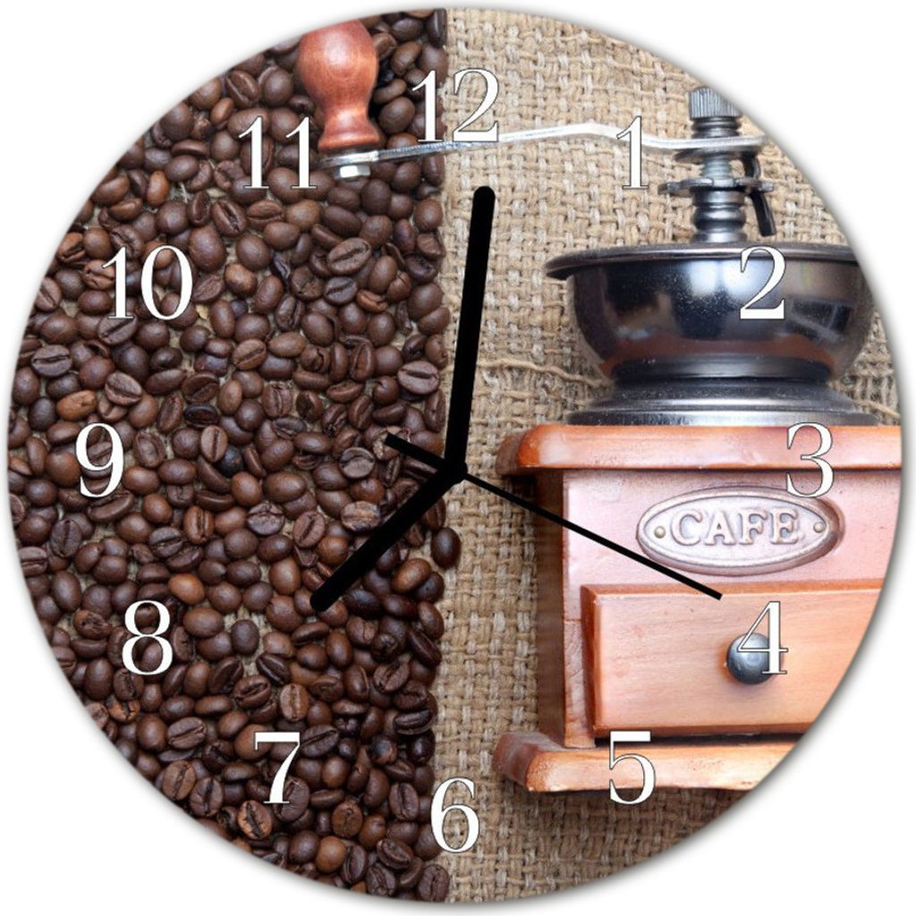 Glasuhr Wanduhr Küchenuhr Echt-Glas 30fi cm Kaffeemühle braun