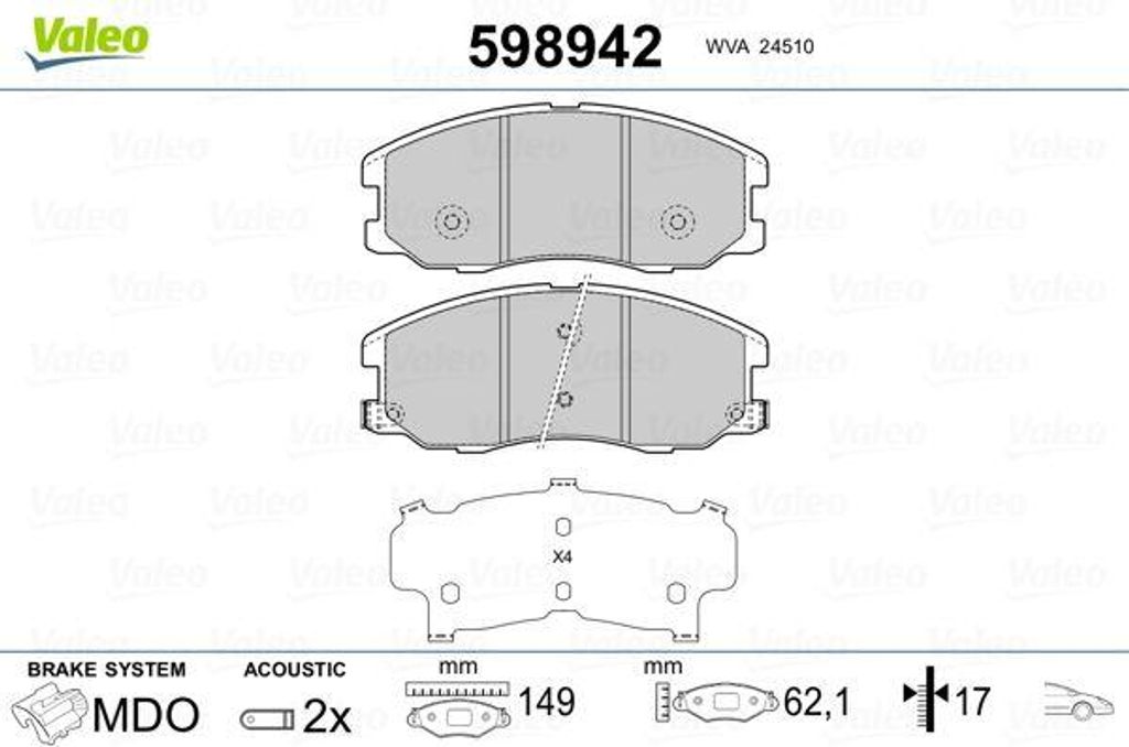 VALEO 598942 Bremsbelagsatz, Scheibenbremse OE 20789468 kompatibel mit Captiva, Antara