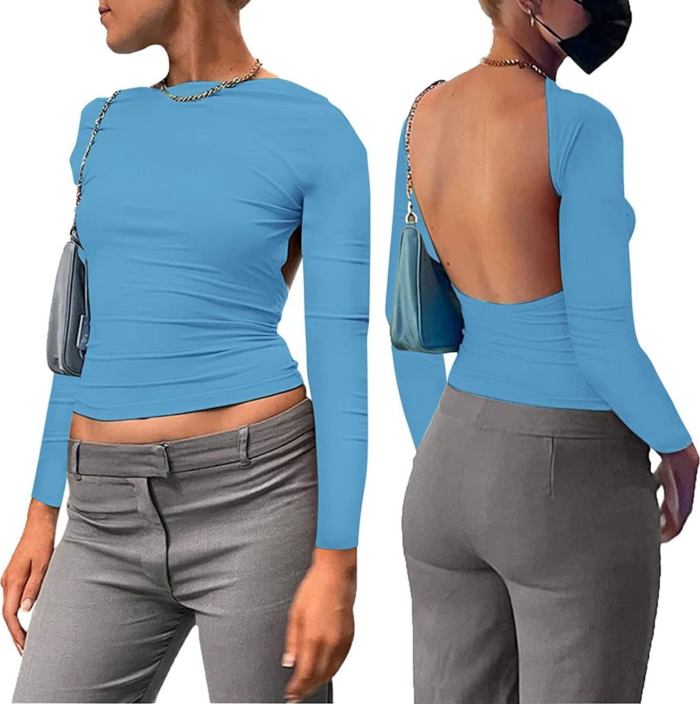 ASKSA Slim Fit Backless Top Damen y Rückenfreies Oberteil Y2k Tops Reversible Cut Out Shirt, Blau, XS