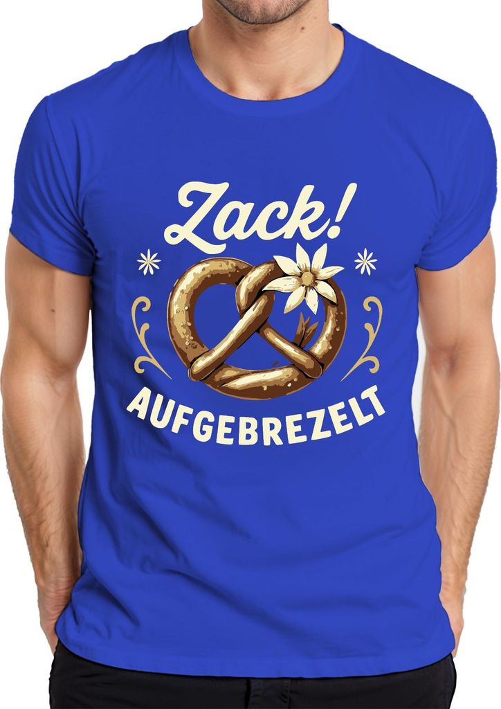 Zack Aufgebrezelt Brezel Tracht Edelweiß Wiesn Lustig Herren T-Shirt, Blau, L