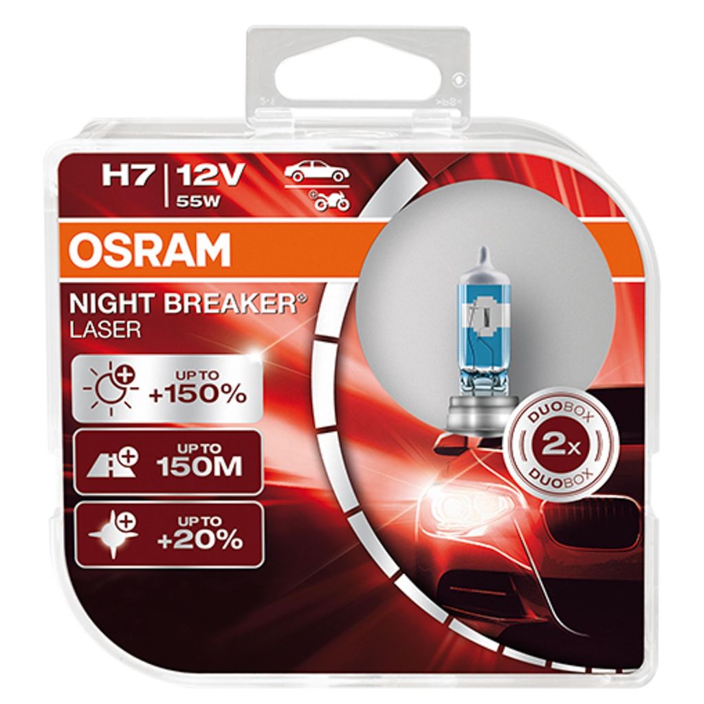 Packaging for OSRAM H7 Night Breaker Laser headlight bulbs.