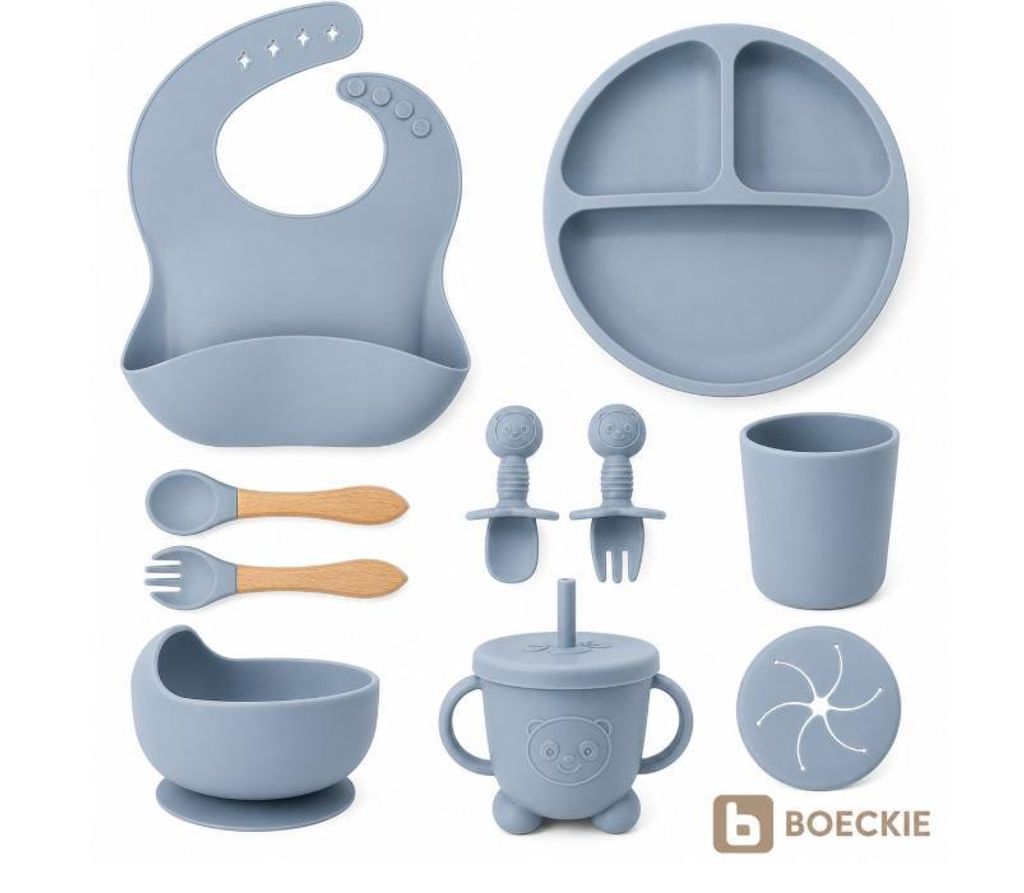 BOECKIE Silikon Babygeschirr Set 9-teilig mit Saugnapf BPA-frei Bleu