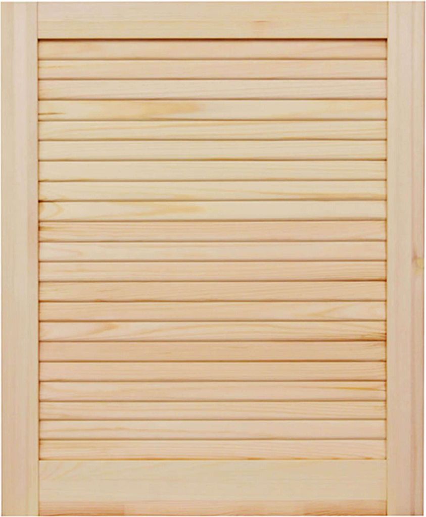 A close-up, straight-on view of a louvered wooden door or shutter.