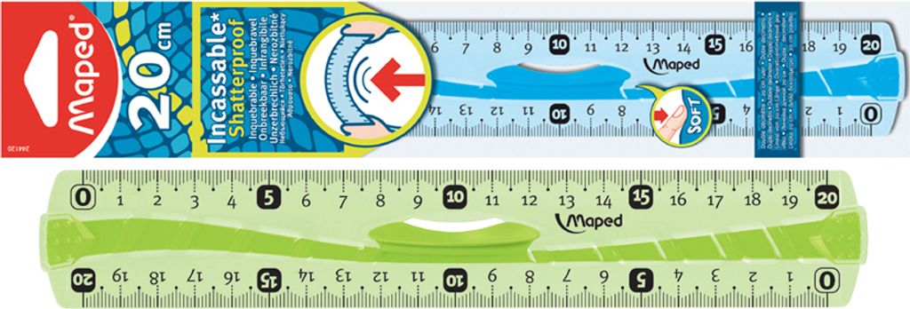 Two rulers are shown, one above the other, against a white background. The top ruler is blue and features marketing text and graphics. The bottom ruler is green and appears to be a functional ruler.